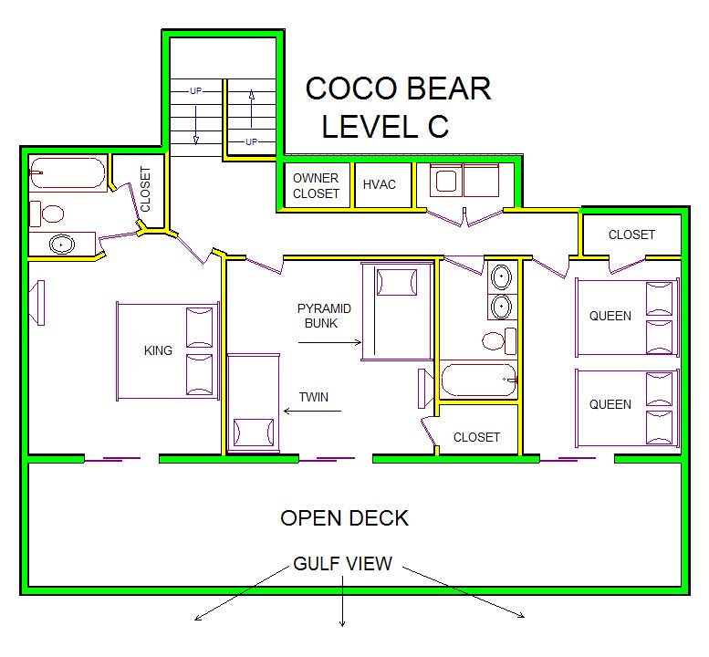 A level C layout view of Sand 'N Sea's beachfront house vacation rental in Galveston named Coco Bear